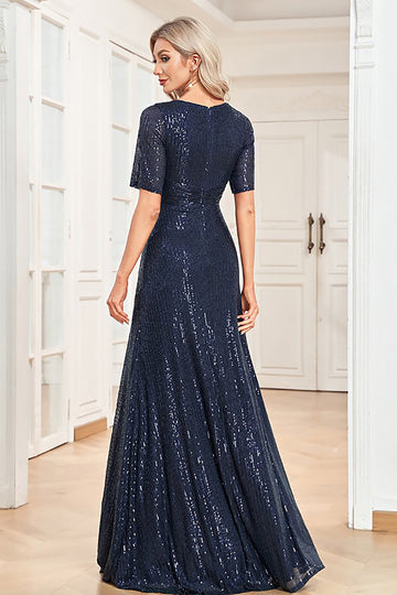 Navy A-Line Short Sleeves V-Neck Long Formal Dress